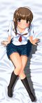  absurdres blush braid brown_eyes brown_hair collarbone hair_over_shoulder highres kibina_high_school_uniform kimi_kiss mizusawa_mao no_shoes school_uniform shiukichi socks solo 