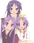  blue_eyes bow casual collarbone hair_bow hair_ribbon highres hiiragi_kagami hiiragi_miki hiiragi_tsukasa holding_hands long_hair lucky_star mother_and_daughter multiple_girls purple_hair ribbon short_hair siblings simple_background sisters skirt smile tareme tsurime twins twintails vector_trace yellow_bow 