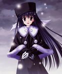  absurdres amamiya_yuuko black_hair ef gloves hat highres long_hair nanao_naru open_mouth sky solo white_gloves 