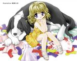  artist_name blonde_hair blue_eyes clothes_on_floor curly_hair dog english_springer_spaniel gotou_nao original sandals short_hair spaniel_(dog) wallpaper 