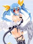  ass asymmetrical_wings blue_hair blush bow breasts chikkuru dizzy guilty_gear hair_bow large_breasts looking_at_viewer looking_back low_wings no_panties red_eyes ribbon sideboob solo tail tail_ribbon thighhighs twintails wings 