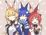  3girls =_= ahoge animal_ears azur_lane blonde_hair blue_hair blush_stickers crossed_arms detached_sleeves eyes_closed fan flower fox_ears ganesagi hair_flower hair_ornament jintsuu_(azur_lane) long_hair multiple_girls naka_(azur_lane) open_mouth paper_fan portrait red_hair sendai_(azur_lane) simple_background sweat sweating_profusely 