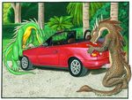  2006 animal_genitalia anthro avoid_posting bodily_fluids brown_body brown_scales car cum dragon dragons_fucking_cars duo erection eyes_closed genital_fluids genitals green_body hi_res horn humanoid_genitalia humanoid_penis licking male masturbation mechanophilia mythological_creature mythological_scalie mythology nude omegaltd outside penis plant scales scalie sheath smile tire tongue tongue_out tree vehicle what window wood 
