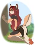  2019 4_toes 5_fingers anthro big_breasts breasts butt canine clothed clothing digital_media_(artwork) dog ei-ka eyelashes female green_eyes hair kneeling mammal pawpads red_hair side_boob skimpy smile solo toes topless 