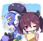  &gt;_&lt; +++ 2girls :d animal bangs bare_arms bare_shoulders black_headwear blue_dress blue_flower blue_hair blush brown_hair bug butterfly chibi closed_eyes closed_mouth collared_shirt commentary drawing dress eel_hat eyebrows_visible_through_hair fang flower glasses gradient_dress gradient_hair hair_between_eyes hair_ornament hairclip headgear highres insect jacket long_hair milkpanda multicolored_hair multiple_girls off_shoulder one_eye_closed open_clothes open_jacket open_mouth otomachi_una pink_dress pink_jacket profile purple_hair red-framed_eyewear red_eyes sailor_collar sailor_dress shirt sleeveless sleeveless_dress smile sweat talkex thick_eyebrows touhoku_kiritan twintails very_long_hair voiceroid wavy_mouth white_sailor_collar white_shirt xd 