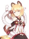  1girl :3 ^_^ afterimage animal_ears asakura_masatoki bangs bare_shoulders black_bodysuit blush bodysuit closed_eyes closed_mouth commentary_request detached_sleeves dog_ears dog_girl dog_tail erune eyebrows_visible_through_hair facing_viewer granblue_fantasy heart highres long_sleeves rope shimenawa short_eyebrows short_hair simple_background sitting solo tail tail_wagging vajra_(granblue_fantasy) white_background white_sleeves wide_sleeves 