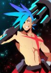  azuumori black_gloves blue_hair commentary english_commentary galo_thymos gloves hair_over_one_eye hand_up holding kamina_(ttgl) looking_at_viewer navel nipples one_eye_covered promare red_eyes sanpaku shirtless smile spiked_hair tengen_toppa_gurren_lagann 