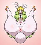  2021 anthro anus big_breasts blonde_hair blush bodily_fluids bottomless breasts carrot_(one_piece) clitoris clothed clothing dress female footwear genitals glistening glistening_body hair hands_behind_head hi_res lagomorph leporid lollipopcon long_hair looking_at_viewer lying mammal nipple_outline on_back one_piece pink_nose presenting presenting_anus presenting_pussy pussy rabbit red_eyes shoes smile solo sweat urethra 