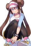  1girl bangs black_legwear blue_eyes blush brown_hair closed_mouth double_bun head_tilt highres holding holding_poke_ball legwear_under_shorts long_hair looking_at_viewer pantyhose poke_ball poke_ball_(basic) pokemon pokemon_(game) pokemon_bw2 raglan_sleeves ririmon rosa_(pokemon) shiny shiny_skin shirt shoes shorts sidelocks sitting smile sneakers solo twintails visor_cap yellow_shorts 