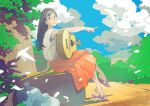  1girl blue_sky bottle cloud cloudy_sky glasses guitar instrument long_skirt looking_at_viewer orange_skirt original plant pleated_skirt pointing pomodorosa purple_footwear round_eyewear sandals shadow shirt sitting skirt sky sleeveless sleeveless_shirt solo tree white_shirt 