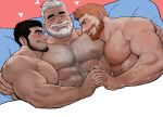  3boys :q abs bara beard black_hair blue_eyes blush body_hair boy_sandwich chest_hair completely_nude eye_contact facial_hair heart holding_hands interlocked_fingers jang_ju_hyeon looking_at_another male_focus multiple_boys muscular muscular_male nipples nude old old_man on_bed orange_hair original pectorals sandwiched short_hair thick_eyebrows tongue tongue_out upper_body white_hair yaoi 