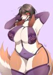  ameryukira anthro areola areola_slip beagle big_breasts blush bon_bon_(ocaritna) breasts canid canine canis chubby_female clothing domestic_dog female floppy_ears fluffy fluffy_tail garter_belt garter_straps green_eyes huge_breasts hunting_dog legwear lingerie mammal purple_background purple_clothing scent_hound simple_background slightly_chubby solo solo_focus thick_thighs thigh_highs 