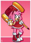  2021 absurd_res amy_rose anthro beverage biped black_eyes boots border clothing cup digital_media_(artwork) dress eulipotyphlan female footwear fur gloves halftone hammer handwear hedgehog hi_res holding_beverage holding_object holding_weapon mammal melee_weapon open_mouth open_smile piko_piko_hammer pink_background pink_body pink_fur red_boots red_clothing red_footwear simple_background smile solo sonic_the_hedgehog_(series) standing straw teeth tongue tools wazzaldorp weapon white_border white_clothing white_gloves 
