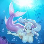  1girl absurdres breasts bubble cleavage fish highres idolmaster jewelry kiria_ai large_breasts long_hair looking_at_viewer mermaid monster_girl monsterification shell shell_bikini shijou_takane smile solo underwater webbed_hands 