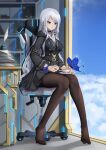  1girl black_dress black_legwear black_skirt blue_butterfly blue_eyes bug butterfly chair cup dress feet flower full_body highres holding holding_cup insect jewelry long_hair miso_(b7669726) necklace no_shoes original pantyhose shirt silver_hair sitting skirt soles teacup thighhighs white_shirt 