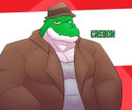  alligator alligatorid anthro brown_clothing brown_hat brown_headwear brown_topwear clothing cregon crocodile crocodilian crocodylid fedora green_body half-length_portrait hands_in_pockets hat headgear headwear leonthelionel looking_at_viewer male multicolored_body multicolored_scales pecs pockets portrait reptile scales scalie shirt smiling_at_viewer solo text topwear white_clothing white_shirt white_topwear yellow_eyes 