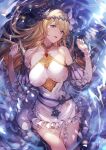  1girl absurdres bangs bare_shoulders blonde_hair blue_eyes blush breasts detached_sleeves dress eyebrows_visible_through_hair flower granblue_fantasy hair_between_eyes hair_flower hair_ornament hands_up highres jeanne_d&#039;arc_(granblue_fantasy) kakage large_breasts long_hair looking_at_viewer open_mouth partially_submerged sidelocks smile solo wet 