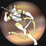  1:1 anthro australian australian_hat bandage breasts cheetah clothed clothing felid feline female gun hi_res knife mammal muscular muscular_anthro muscular_female ranged_weapon rifle running smile smiley_face solo weapon 