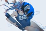  1girl blue_hair blue_swimsuit cowboy_shot hair_ribbon highres holding holding_torpedo i-19_(kantai_collection) kantai_collection long_hair name_tag nekosuimasu one-piece_swimsuit red_eyes ribbon school_swimsuit swimsuit teeth torpedo tri_tails whale 