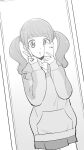 1girl :o bow bowtie cellphone cowboy_shot dutch_angle eyebrows_visible_through_hair female_pov full-length_mirror greyscale healin&#039;_good_precure highres hiramitsu_hinata holding holding_phone hood hoodie long_hair long_sleeves looking_at_mirror mirror monochrome open_mouth phone pose pov precure reflection self_shot skirt sleeves_past_wrists smartphone solo twintails ukokkei v 
