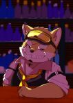 anthro bartender canid canine canis clothing detailed_background domestic_dog eyebrows eyewear fur goggles grin kai_(twitter) live-a-hero male mammal necktie procy scar smile solo thick_eyebrows topwear vest yellow_body yellow_fur 
