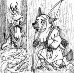  2016 3_toes 4_fingers ankle_wraps anthro antlers armor arrowed avian belt bird black_and_white black_hooves bow_(weapon) bracers canid canine cervid cross-hatching crouching death duo feet feral fingers foot_wraps forest fox galliform hatching_(art) hiding holding_bow holding_bow_(weapon) holding_object holding_sword holding_weapon hood hood_down hood_up hooded hooves horn hunting listening longbow male mammal medieval medieval_clothing melee_weapon monochrome one_ear_up plant poaching quiver ranged_weapon shaded spiff sword toes traditional_media_(artwork) tree weapon worried wraps 