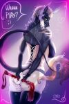  acrador anthro big_breasts breasts butt canid canine canis claws clothed clothing digital_media_(artwork) dominatrix female fingers fur hair hi_res jackal legwear leonifa long_ears looking_at_viewer mammal simple_background smile solo speech_bubble whip 