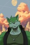  2:3 anthro canid canine canis city cityscape clothing detailed_background dog_tags fur green_body green_fur hi_res leather live-a-hero male mammal muscular muscular_anthro muscular_male run_aki solo topwear vest wolf wolf_villain_(live-a-hero) 