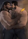  2boys abs ass bara beard black_hair blush body_hair bulge character_request chest_hair couple denim eye_contact facial_hair highres imminent_kiss jang_ju_hyeon jeans league_of_legends long_hair looking_at_another malcolm_graves male_focus multiple_boys muscular muscular_male mustache nipples pants pectorals shirtless short_hair thick_thighs thighs tight tight_pants yaoi 