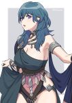  1girl alternate_costume armlet armor asymmetrical_clothes bangs bare_arms bare_shoulders blue_eyes blue_hair bracelet breasts byleth_(fire_emblem) byleth_(fire_emblem)_(female) collar commentary_request dancer dress eyebrows_visible_through_hair fire_emblem fire_emblem:_three_houses hair_between_eyes highres jewelry large_breasts long_hair looking_away necklace official_alternate_costume open_mouth parted_lips pelvic_curtain revealing_clothes shawl shoulder_armor sideboob simple_background solo thighs twitter_username ushiomi 