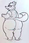  anthro backsack balls big_butt butt canid canine clothed clothing eyewear fivey_fox fox genitals glasses goatboner_(artist) huge_butt looking_at_viewer looking_back male mammal overweight overweight_anthro overweight_male partially_clothed raised_tail signature simple_background solo thick_thighs 