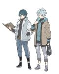  2boys alternate_costume bag black_bag black_footwear black_legwear black_shirt blonde_hair blue_eyes blue_hair blue_hoodie blue_pants book brown_coat chongyun_(genshin_impact) coat commentary earrings eating food genshin_impact grey_footwear grey_jacket grey_pants hand_in_pocket highres holding holding_bag holding_book holding_food hood hoodie jacket jennygin2 jewelry layered_clothing looking_at_viewer male_focus multiple_boys open_book open_clothes open_jacket pants pants_rolled_up popsicle shirt shoes sidelocks simple_background single_earring smile sneakers socks symbol_commentary tassel tassel_earrings torn_clothes torn_pants white_background white_legwear xingqiu_(genshin_impact) 