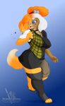  2021 animal_crossing anthro bell blue_background blue_eyes blueberrysnow breasts canid female hi_res human isabelle_(animal_crossing) mammal mid_transformation nintendo on_one_leg open_mouth simple_background solo standing text transformation url video_games 