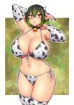  1girl animal_ears animal_print arms_up bell bell_collar bikini black_collar breasts cleavage collar cow_ears cow_horns cow_print detached_sleeves erkaz glasses green_hair highres horns huge_breasts looking_at_viewer original pointy_ears print_bikini print_legwear print_sleeves red_eyes short_hair skindentation solo swimsuit thighhighs 