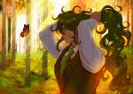  arms_up artist_name bangs brown_vest bug butterfly collared_shirt commentary danganronpa_(series) danganronpa_v3:_killing_harmony day forest from_side glasses gokuhara_gonta green_hair green_neckwear hands_in_hair hands_up insect insect_request long_hair long_sleeves looking_at_animal messy_hair missarilicious nature necktie outdoors parted_lips profile shirt smile solo upper_body very_long_hair vest wavy_hair white_shirt 