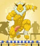  2021 3_toes 5_fingers abs ankle_wraps anthro anthrofied athletic athletic_anthro athletic_male balls claws eeveelution electric electricity electricity_manipulation elemental_manipulation feet felid fingers foreskin fur genitals gradient_background group hair hi_res humanoid_genitalia humanoid_penis hurdle hurdles jolteon jumping leaping lightning lovkuma male mammal multicolored_body multicolored_fur nature neck_tuft nintendo penis pok&eacute;mon pok&eacute;mon_(species) pok&eacute;morph race race_track running silhouette simple_background solo_focus spiky_hair text toes track_and_field tuft two_tone_body two_tone_fur ursid vein veiny_penis video_games wraps wrist_wraps yellow_body yellow_fur 