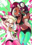  +_+ :d azuumori black_gloves black_shorts blonde_hair blue_eyes breasts buck_teeth cephalopod_eyes cleavage commentary crown dark_skin dark_skinned_female english_commentary fingerless_gloves gloves green_legwear hand_up height_difference horizontal_pupils leaning_forward long_hair looking_at_viewer marina_(splatoon) mole mole_under_mouth navel open_mouth paint_splatter pantyhose pearl_(splatoon) pink_hair pink_legwear red_hair shorts smile splatoon_(series) splatoon_2 tentacle_hair tilted_headwear upper_teeth 