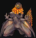  anthro bazelgeuse big_breasts black_nipples black_pussy breasts capcom female flying_wyvern genitals glowing glowing_eyes grey_body grey_scales hi_res kneeling membrane_(anatomy) membranous_wings monster_hunter navel nipples open_mouth pussy scales solo video_games winged_arms wings yuio 