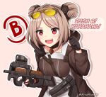  1girl breasts bullpup choker commission double_bun eyewear_on_head girls_frontline gloves gun highres light_brown_hair medium_breasts p90 p90_(girls_frontline) partially_fingerless_gloves red_eyes rynzfrancis short_hair solo submachine_gun sunglasses weapon 