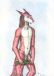 5_fingers abstract_background animal_genitalia anthro balls blue_eyes blush claws clothing colored_pencil_(artwork) fingers flaccid fluffy fully_sheathed fur genitals hi_res male mane navel nude penis presenting pulling_down red_body red_fur scalywanderer sergal sheath shy slim solo swimming_trunks swimwear traditional_media_(artwork) undressing white_body white_fur 