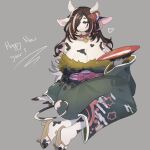  &lt;3 1:1 anthro asian_clothing baburusushi big_breasts bovid bovine breasts brown_hair cattle chinese_zodiac clothing east_asian_clothing english_text fingers footwear grey_background hair hi_res holidays horn japanese_clothing kemono kimono long_hair mammal new_year purple_eyes sandals simple_background sitting text year_of_the_ox 