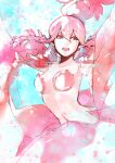  1girl azuumori breasts commentary english_commentary floating_hair hands_up highres houseki_no_kuni large_breasts looking_at_viewer open_mouth outstretched_arms pasties pink_eyes pink_hair pink_theme sketch solo spread_arms topknot ventricosus 