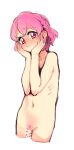  1boy blush braid cropped_legs eyebrows_visible_through_hair flaccid foreskin full-face_blush hands_on_own_cheeks hands_on_own_face highres leona_west lips male_focus male_pubic_hair mole mole_under_eye navel otoko_no_ko pink_eyes pink_hair pink_pubic_hair pretty_(series) pripara pubic_hair raised_eyebrows side_braid simple_background solo stomach testicles ukokkei white_background 