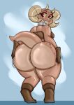  anthro bandeau big_butt bottomless breasts brown_body brown_eyes brown_scales butt butt_focus clothed clothing female geebie33 gloves hand_on_butt handwear hi_res horn huge_butt huge_hips kobold looking_at_viewer looking_back non-mammal_breasts piko rear_view scales scalie short_stack smile solo tan_body tan_scales thick_tail thick_thighs topwear wide_hips 