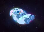  2021 4_toes alien blue_body blue_nose blue_pawpads clothed clothing digital_media_(artwork) disney experiment_(lilo_and_stitch) eyes_closed feet kigurumi lilo_and_stitch meta pac pawpads smile solo space stitch_(lilo_and_stitch) text toes url watermark 