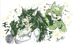  anthro blush canid canine canis clothing domestic_cat duo felid feline felis female fur fuyoudo624 green_body green_fur hair japanese_text live-a-hero long_hair male mammal messy_hair protagonist_(live-a-hero) text topwear vest wolf wolf_villain_(live-a-hero) 