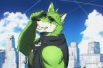  3:2 anthro canid canine canis city cityscape clothing detailed_background eyewear eyewear_on_head fur green_body green_fur grin live-a-hero male mammal one_eye_closed run_aki smile solo sunglasses sunglasses_on_head topwear vest wink wolf wolf_villain_(live-a-hero) 