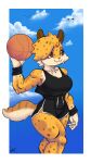  absurd_res anthro athletic ball basketball_(ball) basketball_uniform big_breasts breasts clothing cloudscape colored fangs felid feline female hi_res mammal muscular muscular_female panthera_cantus sky smile solo sportswear uniform wide_hips wristband 