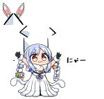  1girl :3 animal_ears arms_up bangs black_gloves black_leotard blue_hair blush bow braid brown_eyes bunny_ears carrot_hair_ornament closed_mouth detached_ears detached_sleeves don-chan_(usada_pekora) dress eyebrows_visible_through_hair food_themed_hair_ornament fur-trimmed_gloves fur_trim gloves hair_bow hair_ornament hololive kanikama leotard multicolored_hair puffy_short_sleeves puffy_sleeves short_eyebrows short_sleeves strapless strapless_dress strapless_leotard thick_eyebrows translation_request twin_braids twintails two-tone_hair usada_pekora virtual_youtuber white_background white_bow white_dress white_hair white_sleeves 