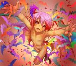  1girl arms_up bangs bat_wings flat_chest gekkou_(geccomajin) hair_between_eyes head_wings highres lilith_aensland looking_at_viewer low_wings navel nipples nude open_mouth pink_hair red_eyes short_hair solo vampire_(game) wings 